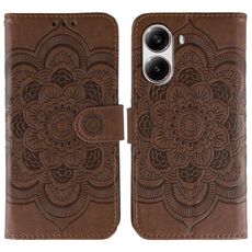 Custodia in pelle con motivo in rilievo Sun Mandala per Xiaomi Poco X7 Pro (marrone)