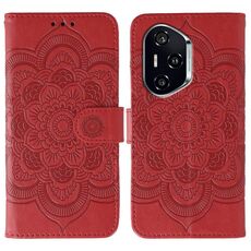 Custodia in pelle per telefono con motivo in rilievo Mandala solare per Honor 400 (rossa)