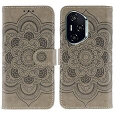 Custodia in pelle per telefono con motivo in rilievo Mandala solare per Honor 400 (grigio)
