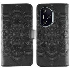 Custodia in pelle per telefono con motivo in rilievo Mandala solare per Honor 400 (nera)