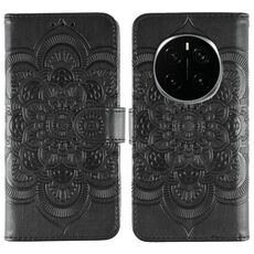 Custodia in pelle per telefono Honor Magic7 Pro con motivo a rilievo Sun Mandala (nero)