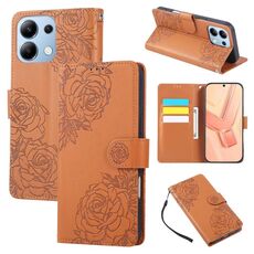 Custodia in pelle con 3 slot per carte di credito e motivo a fiori di rosa per Redmi Note 13 Pro 4G (marrone)