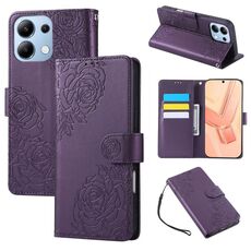 Custodia in pelle con 3 slot per carte di credito e motivo a fiori di rosa per Redmi Note 13 Pro 4G (viola scuro)