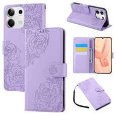 Custodia in pelle con 3 slot per carte di credito e motivo a fiori di rosa per Redmi Note 13 5G (viola)