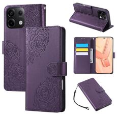 Custodia in pelle con 3 slot per carte di credito e motivo a fiori di rosa per Redmi Note 13 Pro 5G (viola scuro)