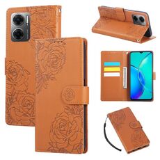 Custodia in pelle con 3 slot per carte di credito e motivo a fiori di rosa per Redmi 10 5G (marrone)