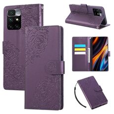 Custodia in pelle con 3 slot per carte di credito e motivo a fiori di rosa per Redmi 10 4G (viola scuro)
