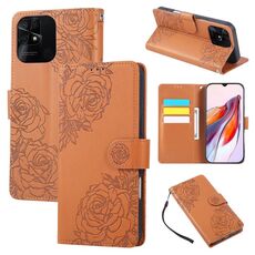Custodia in pelle con 3 slot per carte di credito e motivo a rose in rilievo per Redmi 10C 4G Global / 10 India (marrone)