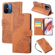 Custodia in pelle con 3 slot per carte di credito e motivo a rose in rilievo per Redmi 11A 4G Global (marrone)