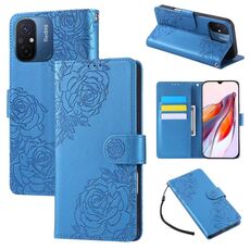 Custodia in pelle con 3 slot per carte di credito e motivo a rose in rilievo per Redmi 11A 4G Global (blu)