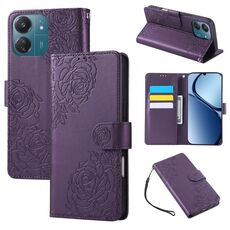 Custodia in pelle con 3 slot per carte di credito e motivo a fiori di rosa per Redmi 13C 4G / 5G / Poco C65 (viola scuro)