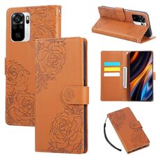 Custodia in pelle con 3 slot per carte di credito e motivo a rose in rilievo per Redmi Note 10 4G / 10S (marrone)