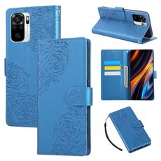 Custodia in pelle con 3 slot per carte di credito e motivo a rose in rilievo per Redmi Note 10 4G / 10S (blu)