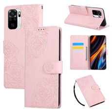 Custodia in pelle con 3 slot per carte di credito e motivo a rose in rilievo per Redmi Note 10 4G / 10S (rosa)