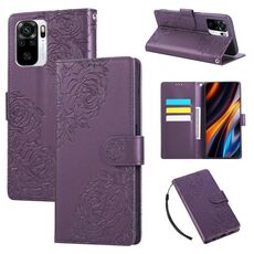 Custodia in pelle con 3 slot per carte di credito e motivo a rose in rilievo per Redmi Note 10 4G / 10S (viola scuro)