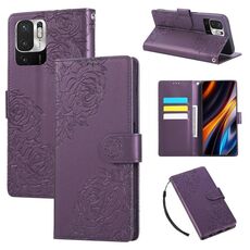 Custodia in pelle con 3 slot per carte di credito e motivo a fiori di rosa per Redmi Note 10 5G / Poco M3 Pro (viola scuro)