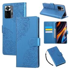 Custodia in pelle con 3 slot per carte di credito e motivo a fiori di rosa per Redmi Note 10 Pro / 10 Pro Max (blu)