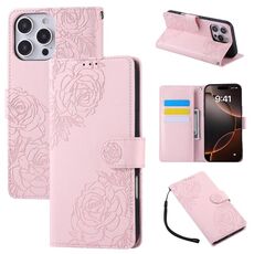 Custodia in pelle con 3 scomparti per carte di credito e motivo a fiori di rosa per iPhone 16 Pro Max (rosa)