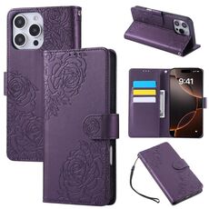 Custodia in pelle con 3 slot per carte e motivo a fiori di rosa per iPhone 16 Pro (viola scuro)