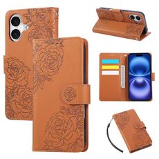 Custodia in pelle con 3 slot per carte e motivo a fiori di rosa per iPhone 16 (marrone)