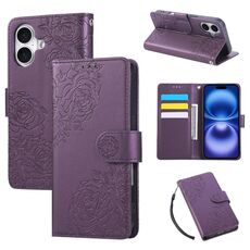 Custodia in pelle con 3 scomparti per carte di credito e motivo a fiori di rosa per iPhone 16 (viola scuro)