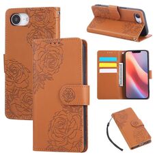 Custodia in pelle con 3 slot per carte di credito e motivo a fiori di rosa per iPhone 16e (marrone)