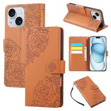 Custodia in pelle con 3 slot per carte di credito e motivo a rose in rilievo per iPhone 15 Plus / 14 Plus (marrone)
