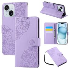 Custodia in pelle con 3 slot per carte di credito e motivo a fiori di rosa per iPhone 15 Plus / 14 Plus (viola)