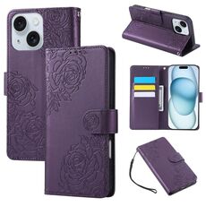 Custodia in pelle con 3 slot per carte di credito e motivo a fiori di rosa per iPhone 15 Plus / 14 Plus (viola scuro)