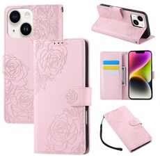 Custodia in pelle con 3 slot per carte di credito e motivo a fiori di rosa per iPhone 14/13 (rosa)