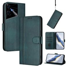 Custodia in pelle retrò con fibbia a 3 linee per Tecno Pova Neo (verde scuro)