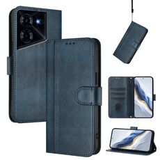 Custodia in pelle retrò con fibbia a 5 linee per Tecno Pova (blu scuro)