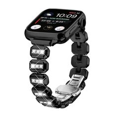 Cinturino per Apple Watch 46 mm / 49 mm / 45 mm / 44 mm con fibbia a farfalla e piccoli diamanti quadrati (nero)