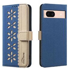 For Google Pixel 8A Splicing Color Hollow Flower Pattern RFID Leather Phone Case(Dark Blue)