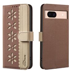 For Google Pixel 8A Splicing Color Hollow Flower Pattern RFID Leather Phone Case(Brown)