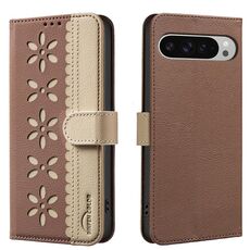 For Google Pixel 8 Splicing Color Hollow Flower Pattern RFID Leather Phone Case(Brown)