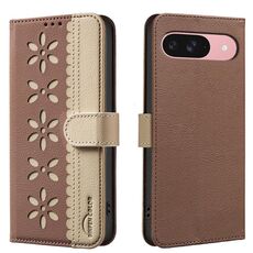 For Google Pixel 9 / 9 Pro Splicing Color Hollow Flower Pattern RFID Leather Phone Case(Brown)