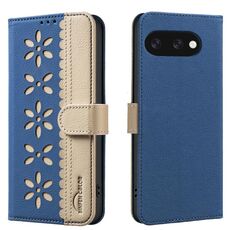 For Google Pixel 9a Splicing Color Hollow Flower Pattern RFID Leather Phone Case(Dark Blue)