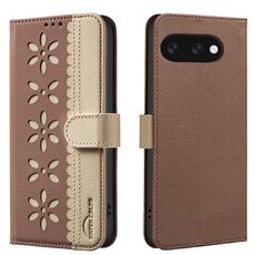 For Google Pixel 9a Splicing Color Hollow Flower Pattern RFID Leather Phone Case(Brown)