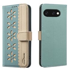 For Google Pixel 9a Splicing Color Hollow Flower Pattern RFID Leather Phone Case(Green)