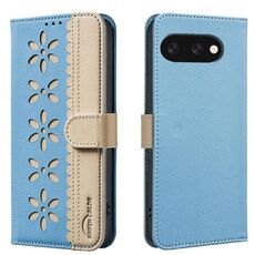 For Google Pixel 9a Splicing Color Hollow Flower Pattern RFID Leather Phone Case(Baby Blue)