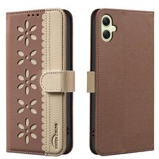 For Samsung Galaxy A05 Splicing Color Hollow Flower Pattern RFID Leather Phone Case(Brown)