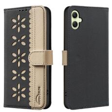 For Samsung Galaxy A06 Splicing Color Hollow Flower Pattern RFID Leather Phone Case(Black)
