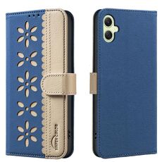 For Samsung Galaxy A06 Splicing Color Hollow Flower Pattern RFID Leather Phone Case(Dark Blue)