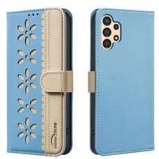 For Samsung Galaxy A13 Splicing Color Hollow Flower Pattern RFID Leather Phone Case(Baby Blue)