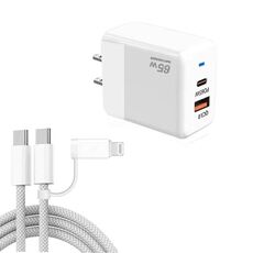 Caricabatterie PD41 GaN PD 45W + USB con cavo dati USB-C a USB-C/8 pin per iPhone, spina USA (bianco)