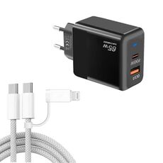 Caricabatterie PD41 GaN PD 45W + USB con cavo dati USB-C a USB-C/8 pin per iPhone, spina UE (nero)