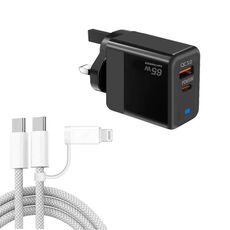 Caricabatterie PD41 GaN PD 45W + USB con cavo dati USB-C a USB-C/8 pin per iPhone, spina UK (nero)