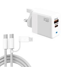 Caricabatterie PD41 GaN PD 45W + USB con cavo dati USB-C a USB-C/8 pin per iPhone, spina UK (bianco)