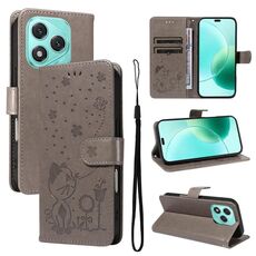For Honor 400 Lite Cat and Bee Embossed Flip Leather Phone Case(Grey)